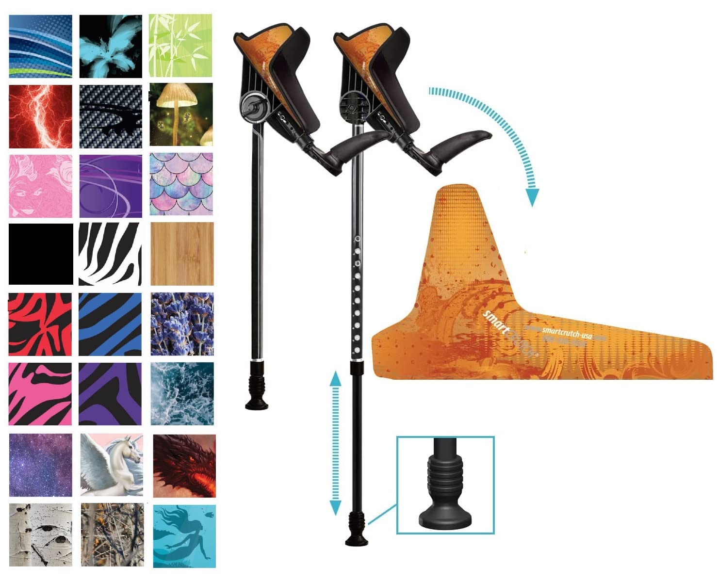 Ergonomic Custom Forearm Crutches for Adults, Multiple Colors, Adjustable Forearm Rotates 15-90 Degrees - Heights 4'4" to 6'4" - 265 lbs Non Weight Bearing