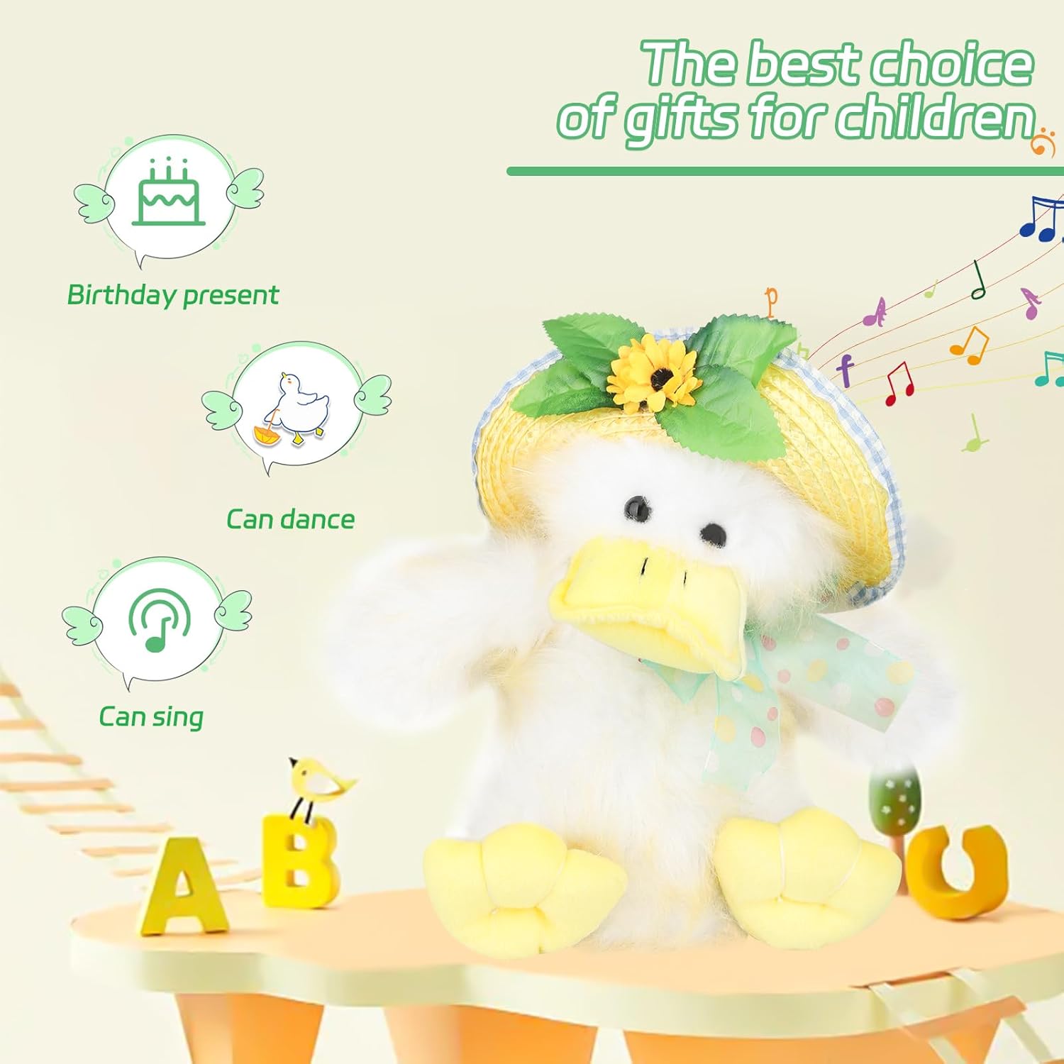 Singing Dancing Duck Toy for Kids, 12 Inch Musical Stuffed Animal with Flapping Wings and Shaking Body, Easter Basket Baby Toy, Funny Birthday Gift for Toddlers