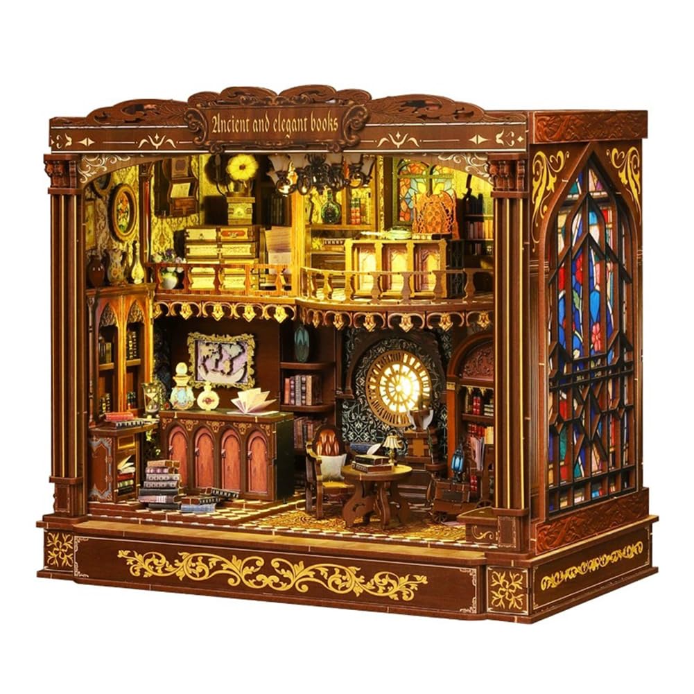 Das Beste Geschenk:DIY Miniatur Holzhaus Bücherregal-Nook Kit mit LED-Beleuchtung Holz 3D Puzzle Bücherregal，Kreatives Bastelset Kreative Dekofigur (mit Staubschutzkappe)