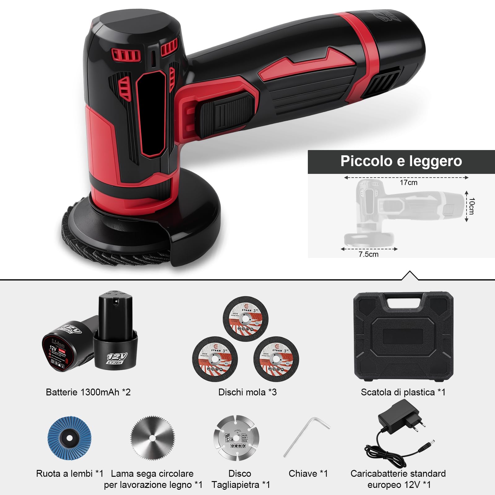 Smerigliatrice Angolare Senza Fili 3 Pollici, 500W 19500 Giri/Min Mini Smerigliatrice Angolare Elettrica da 76 mm, Lucidatrice Manuale Ricaricabile Con 6 Dischi, per Tagliare Piastrelle, Legno, Pietra
