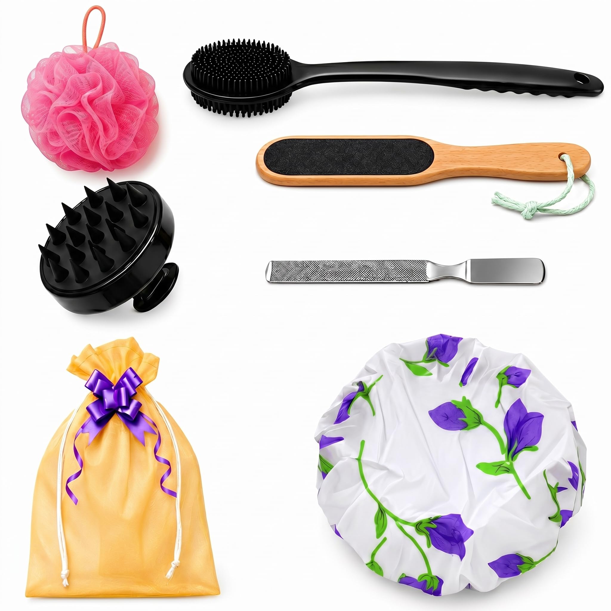 5-in-1 Bathing Kit for Women | Bath Accessories Set with Silicone Body Scrubber for Bathing Long Handle, Bath Shower Sponge Pink Loofah, Wooden Foot File Scrubber, Scalp Massager & Stainless Steel Nail Filer | Self Care & Spa Gift Set with Drawstring Pouch-picture-36