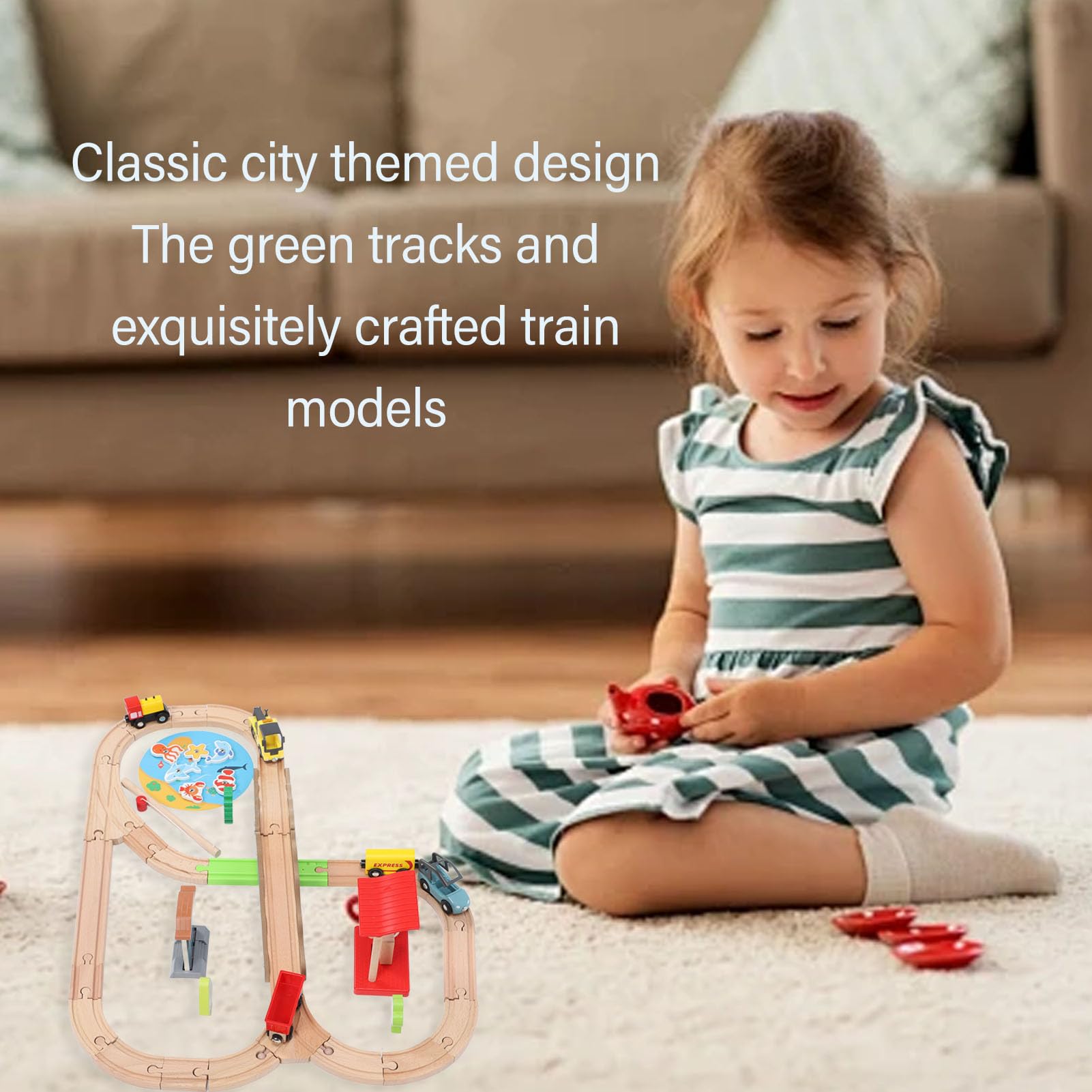 Hidyliu Juego de Vías de Tren de Madera, Juguete Educativo con Temática Urbana para Niños Pequeños de 2 Años en Adelante, Materiales Ecológicos y Seguros, 49 Piezas