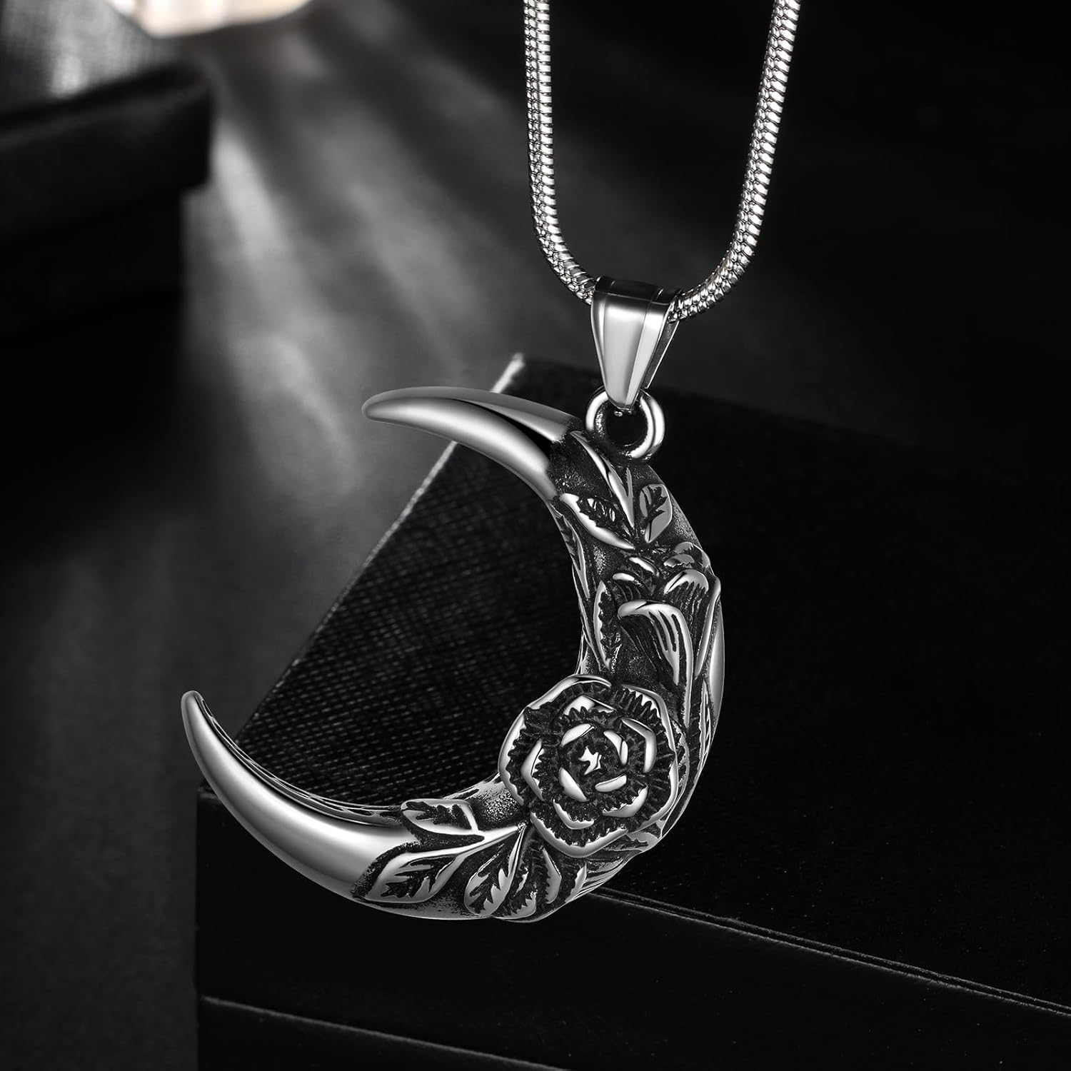 Hipunk Stainless Steel Crescent Moon Rose Pendant Necklace - Intricate Floral Design Jewelry for Men and Women SP0210G - Image 3