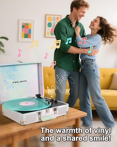 Miniatura 7 de Tocadiscos de vinilo de acuarela con control de agudos y graves, tocadiscos portátiles vintage de 3 velocidades con Bluetooth con altavoces