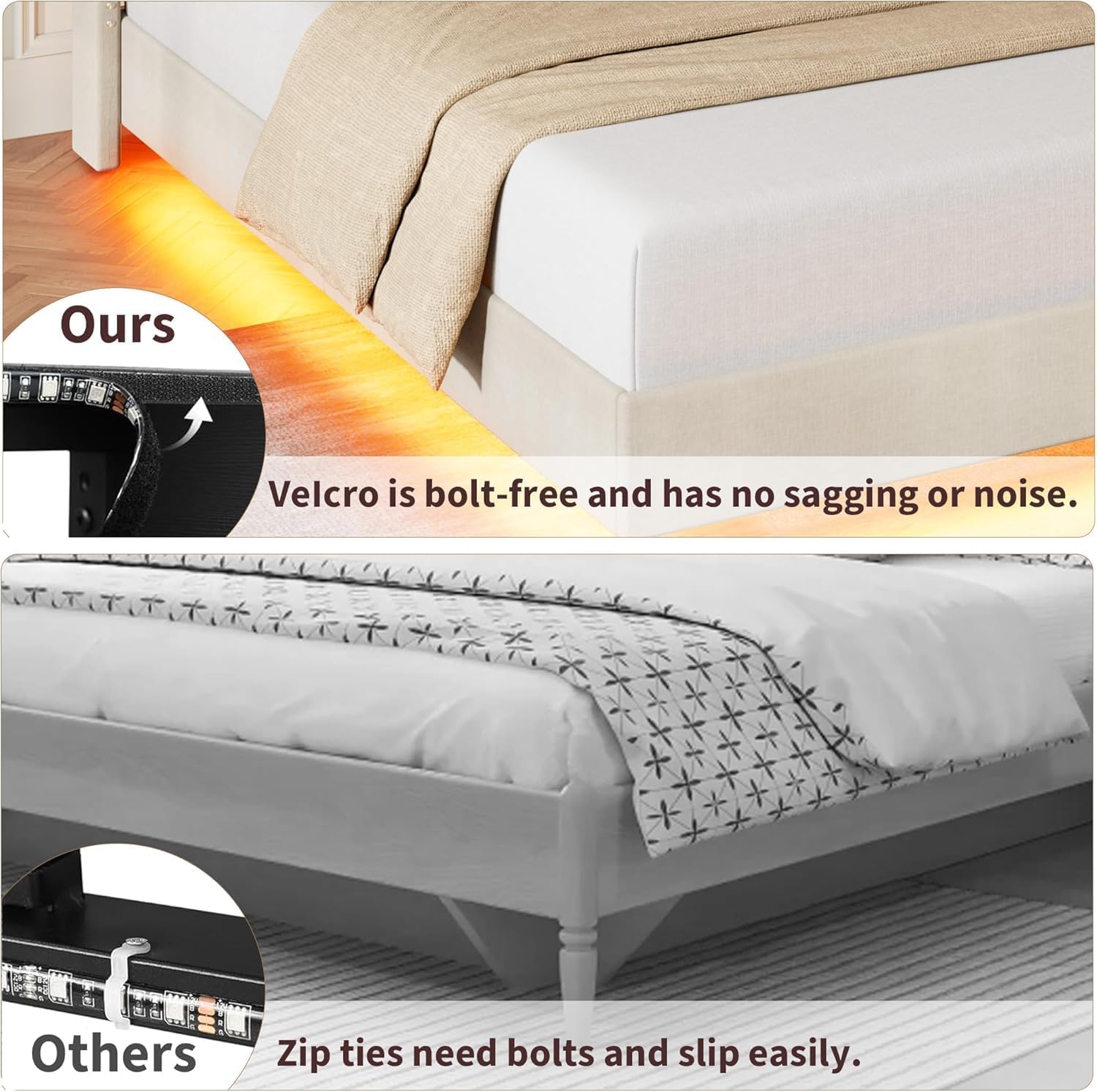 GarveeHome Queen Size Floating Bed Frame, Suspended Bed with RGB LED Lights and Charging Station, Upholstered Bed Frame with Storage Headboard and Button Tufted, No Box Spring Needed, Beige