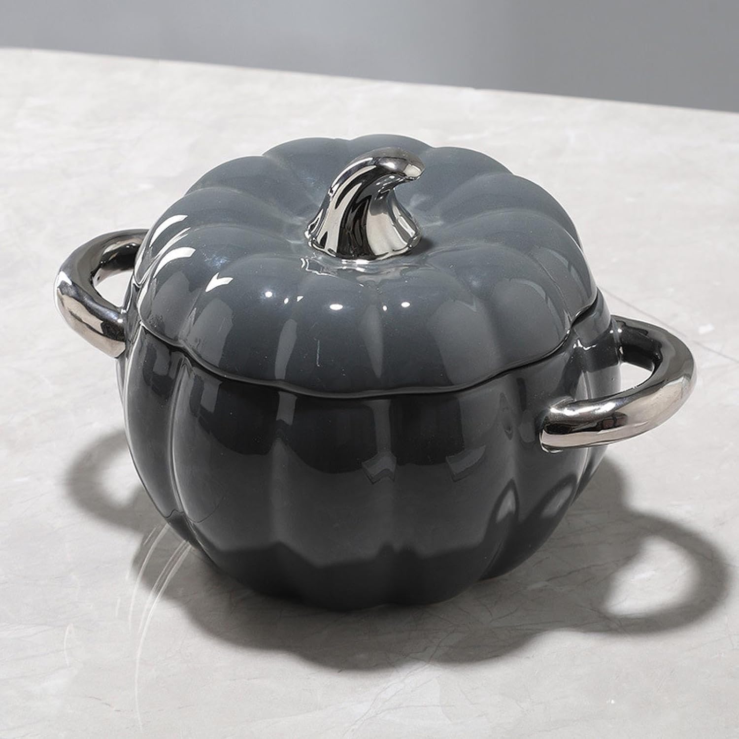 Pumpkin stew cup, amphora, soup bowl with lid, household ceramic tableware, stew soup pot, soup bowl Silver-rimmed 10-inch pumpkin cup (dark grey)
