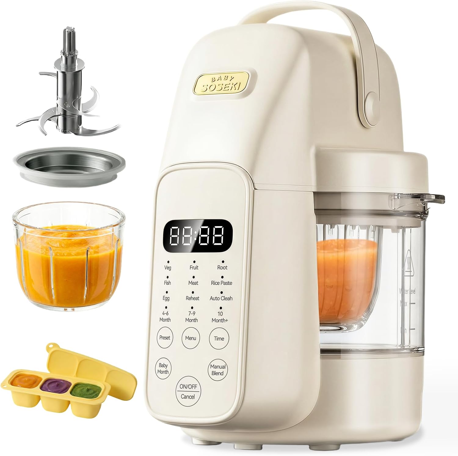 SosekiBaby FM01 Baby Food Maker, 316L Stainless Steel Blades | Baby Puree Steamer Blender Processor With 10oz Glass Bowl | One-Step Food Mill, 12H Keep Warm, Auto Clean, Reheat | BPA-Free