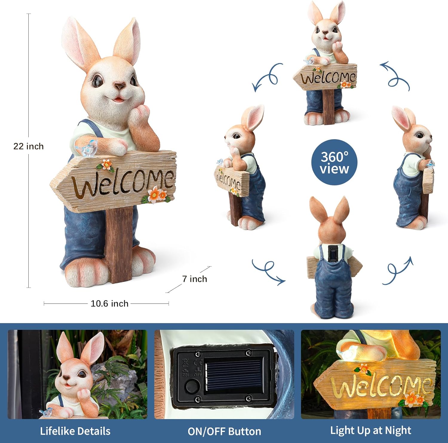 22" Solar Large Rabbit Statue Garden Decor Resin Standing Bunny Statue with Welcome Sign Outdoor Easter Decorations for Porch Patio Lawn Yard Gardening Gifts for Mom Women, Blue Rabbit