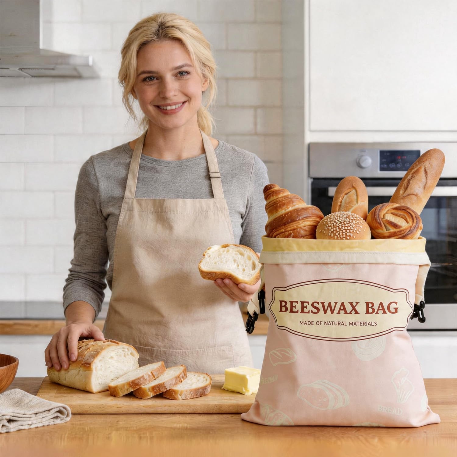 2 Pack Pink Beeswax Bread Bags for Sourdough, Reusable Organic Linen Beeswax Bread Bag 17 x 12.6 Inches, Food Storage Drawstring Cloth Bag, Freezer-Friendly Freshness Preservation for Homemade Baking