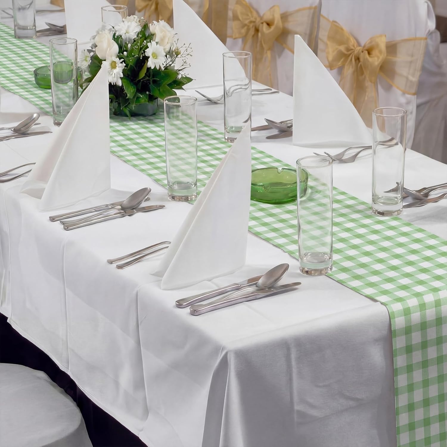 Tinlade Green White Checkered Paper Table Runner Roll 25' Long x 16" Wide Disposable Gingham Table Runner for Easter Spring Birthday Party Wedding Baby Shower Bridal Holiday Tabletop Home Decor