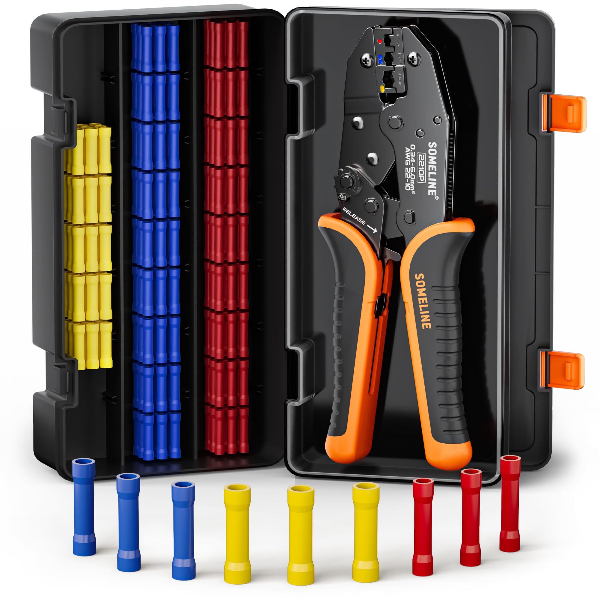 SOMELINE Butt Connectors Crimping Tool Kit 0.34–6 mm² (AWG 22–10), 3 Types of Insulated Butt Crimp Connectors – Terminal Crimping Tool and Electrical Connectors Kit