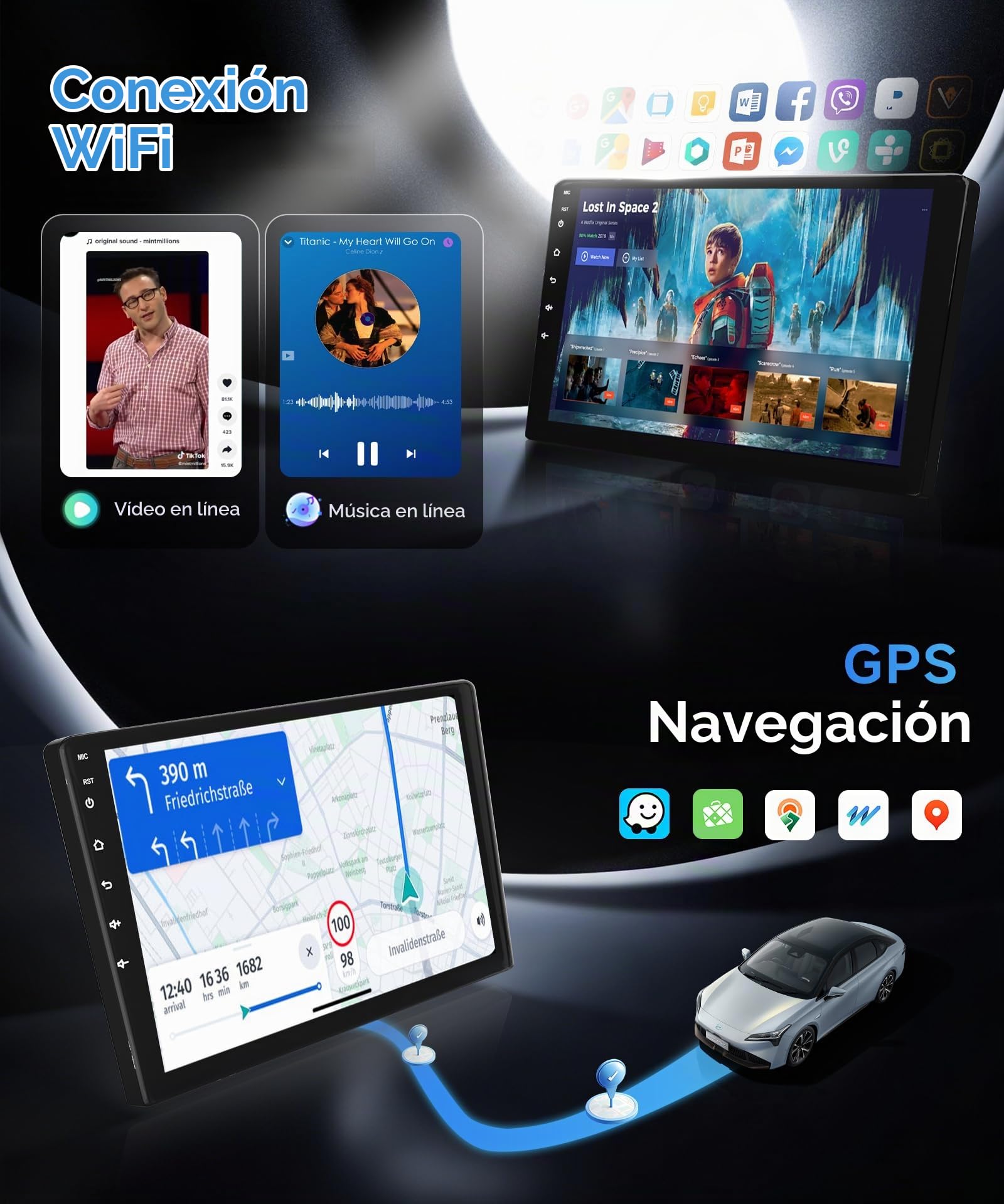 [6+128G 8 Core] Android Radio Coche para Ford Transit Custom Tourneo 2013-2018 9'' Pantalla con Carplay Android Auto Inalámbrico Nav. GPS WiFi Mirror Link Bluetooth FM/RDS/EQ/DSP SWC Cámara Trasera