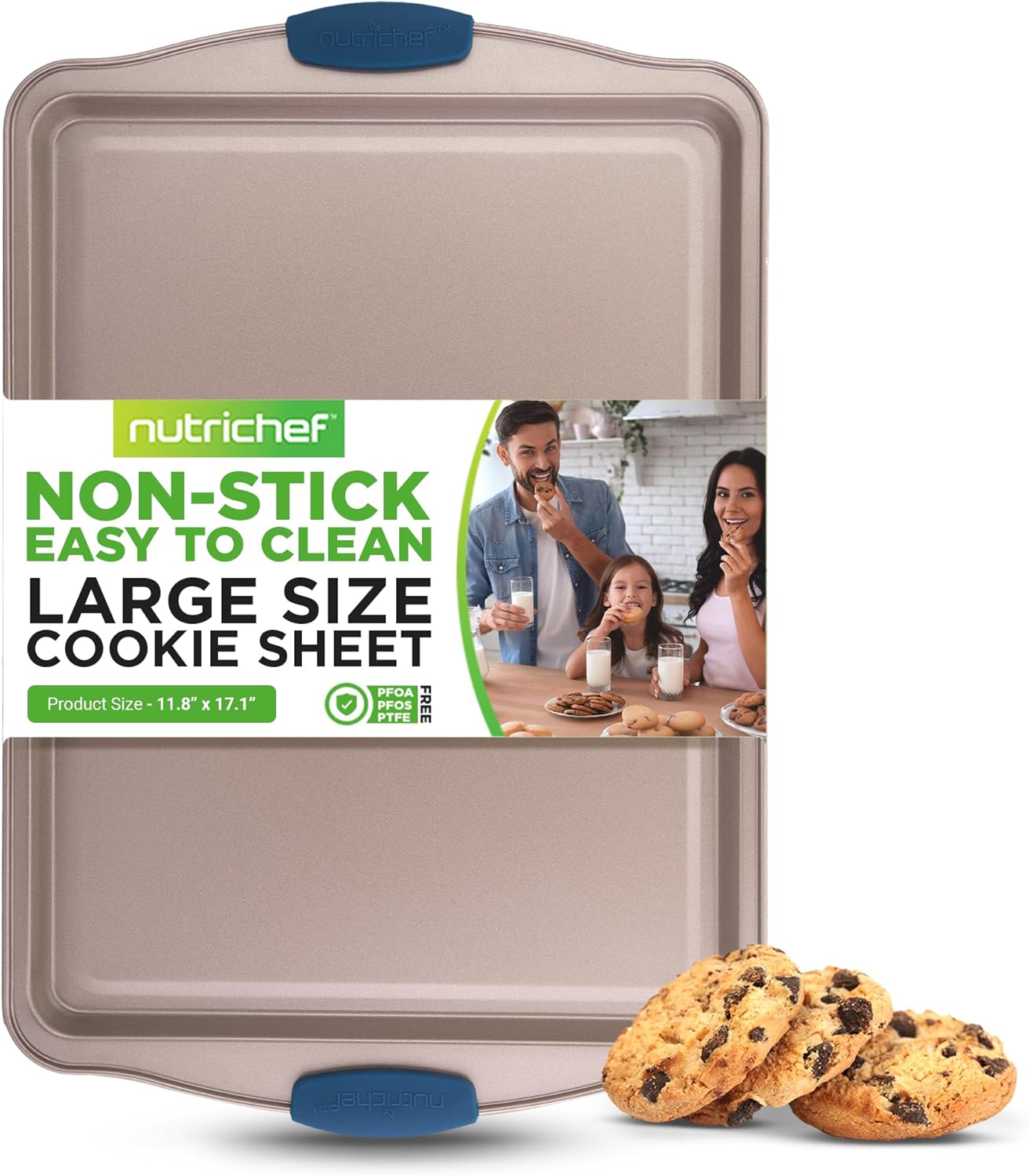 NutriChef Large Nonstick Cookie Sheet for Baking - 17" x 11" Carbon Steel Kitchen Oven Baking Pan, Premium Restaurant Grade Bakeware w/Blue Silicone Handles - Easy to Clean, Champagne Gold