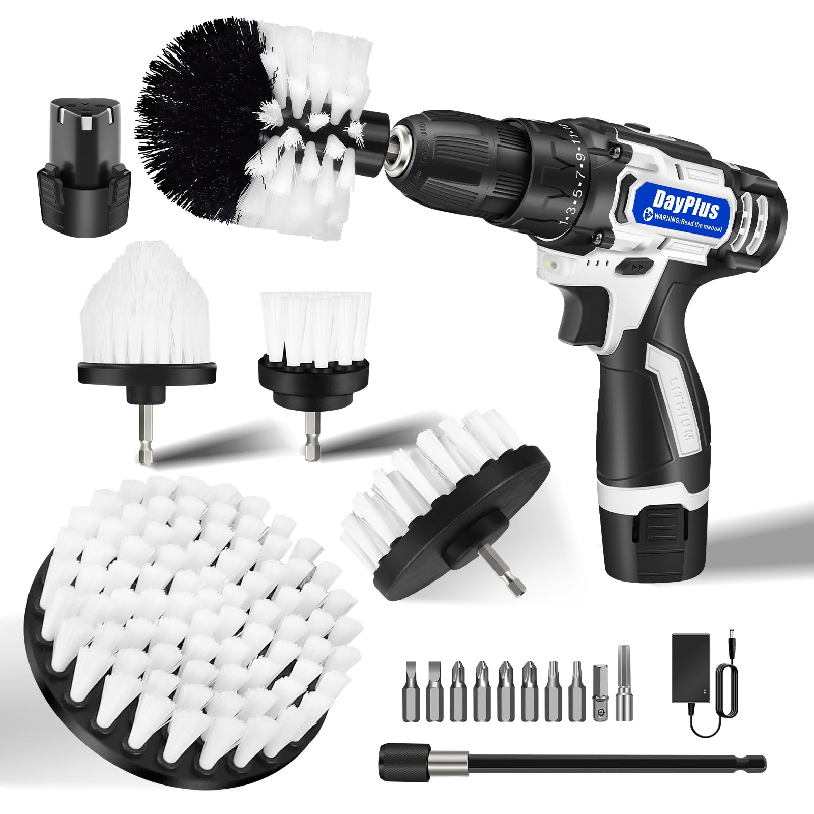 Mini destornillador eléctrico, juego de cepillos de limpieza con 5 cepillos y 10 accesorios para taladro, par máximo 45 N.M, 18+1 posiciones, con 2 pilas de 1500 mAh