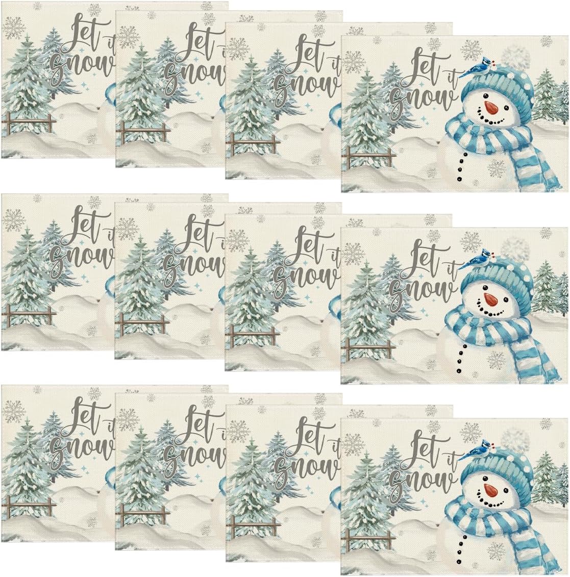 Artoid Mode Xmas Trees Let It Snow Blue Snowman Christmas Placemats Set of 12, 12x18 Inch Winter Table Mats for Party Kitchen Dining Decoration