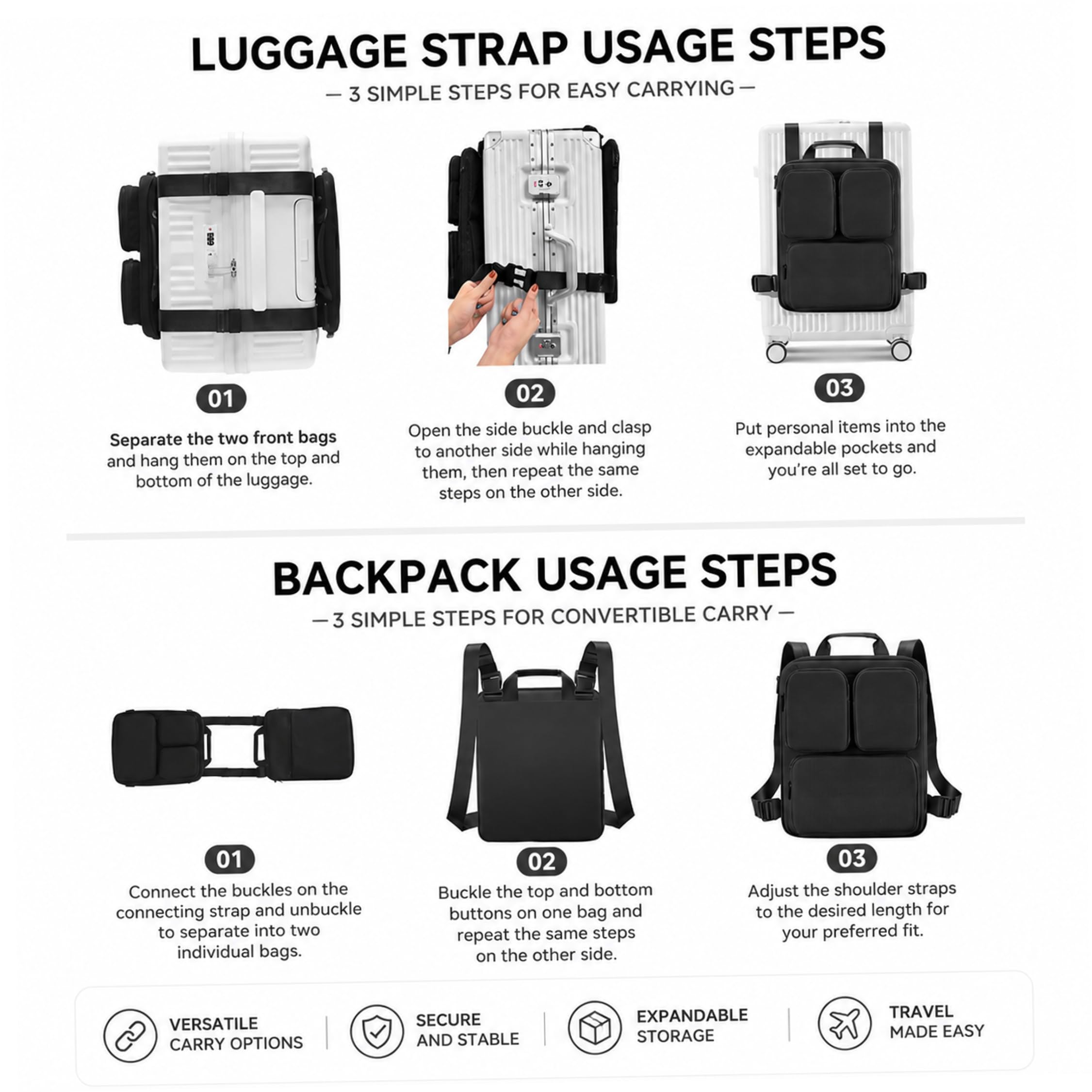 Organizer per Bagagli 3 in 1 Leggero e Staccabile per Borsa da Trasporto, Organizer per valigie con Scomparto per Laptop da 15, 6 Pollici, Set di custodie da Viaggio