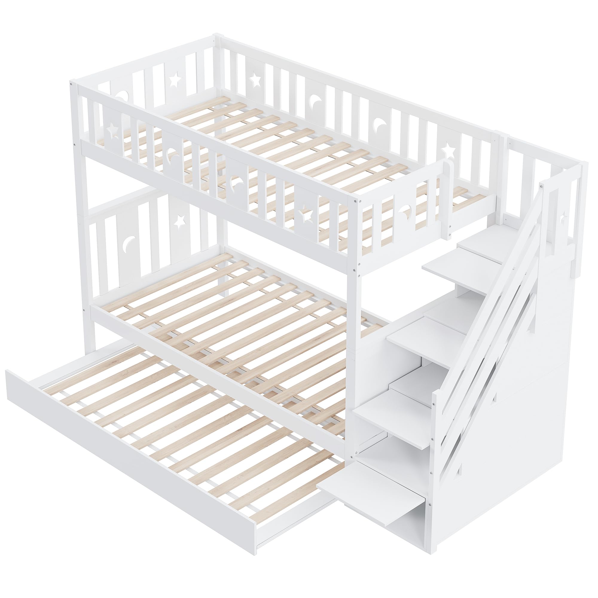 Kinderbett 90x200/90x200cm, Hochbett Etagenbett mit Stauraum-Sicherheitstreppe&Ausziehbett&Lattenrost, Jugendbett Holzbett Stockbett für 2 Kinder, Rausfallschutz Bett, Massivholz, Weiß