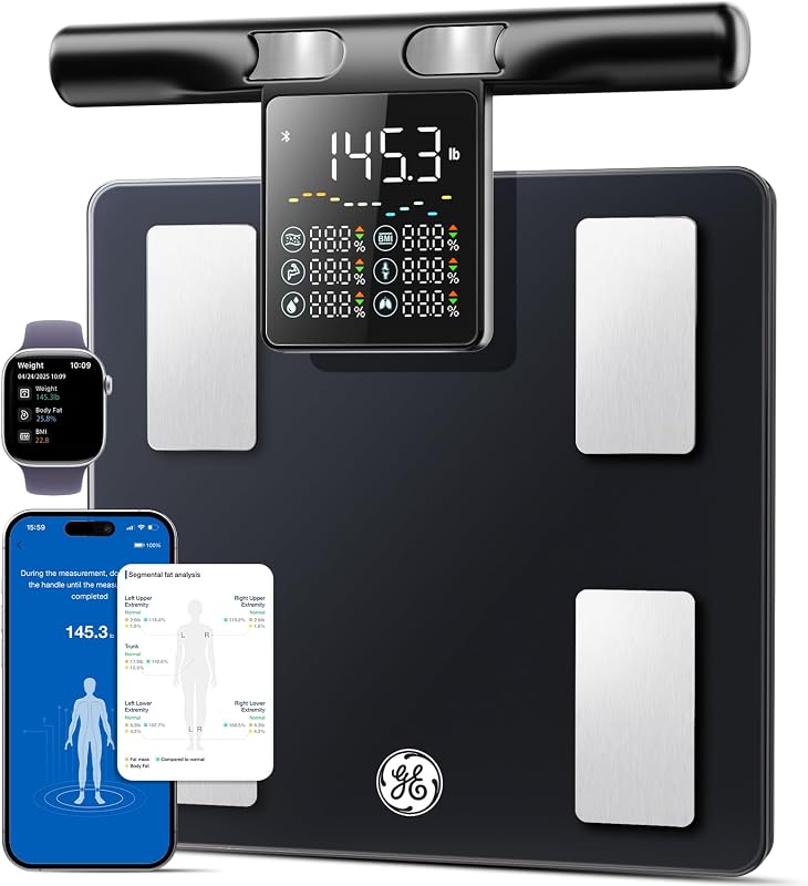 Smart Scale for Body Fat with BMI Muscle Mass, 5.3-inch Handle Display | 8-Electrode Weight Scale, Full Body Composition Analysis, for Bathroom and Gym, 50+ Metrics, Bluetooth App Sync, Black