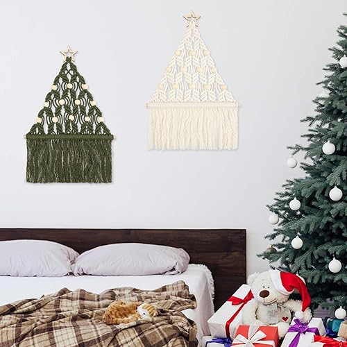 Miniatura 5 de VIHOSE 2 piezas de ornamento tejido bohemio de macramé para colgar en la pared para árbol de Navidad con luces LED, decoración para colgar en la