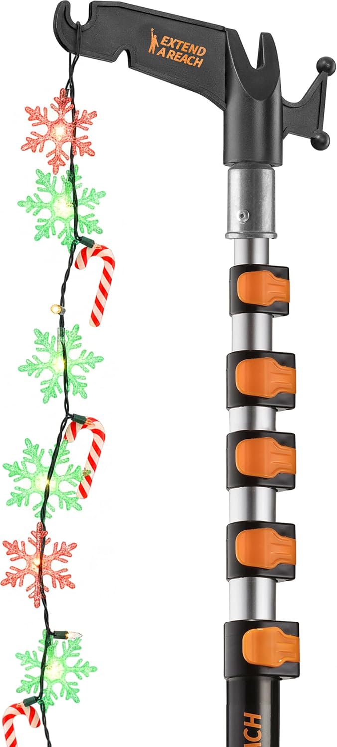 5-24 ft Long Telescopic Extension Pole with Utility Hook // Telescoping Pole for Christmas Lights Installation, String Lights, Birdfeeders // Lightweight and Sturdy // Christmas Light Pole with Hook