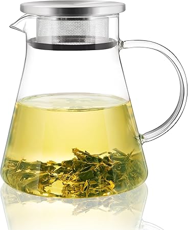CNGLASS 30.5oz/900ml Glass Teapot Stovetop Safe,One-Touch Clear Tea Kettle,Blooming and