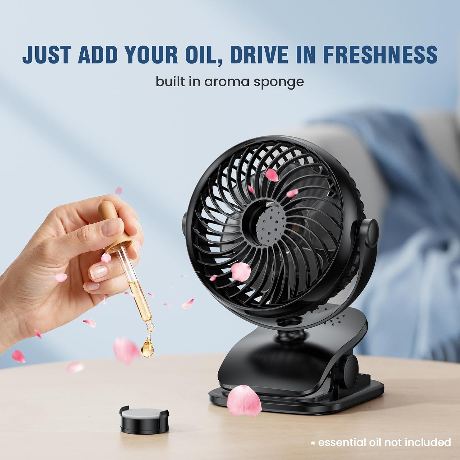 Shinebella AA Battery Car Clip Fan with Aromatic Feature for Sun Visor, 4 Speeds, 5V USB Desk Fan for Stroller, 5'' Small Cooling Vehicle Fan for Headrest/Golf Cart, Quiet, Batteries Not Included