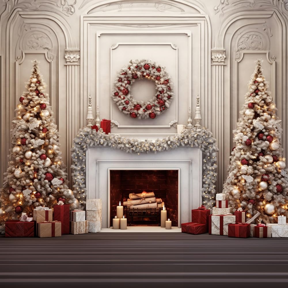 Kate Toile de fond de Noël de 2,4 x 2,4 m pour photographie, arbre de Noël, couronne, cheminée, bougie, accessoire de studio pour photo et vidéo