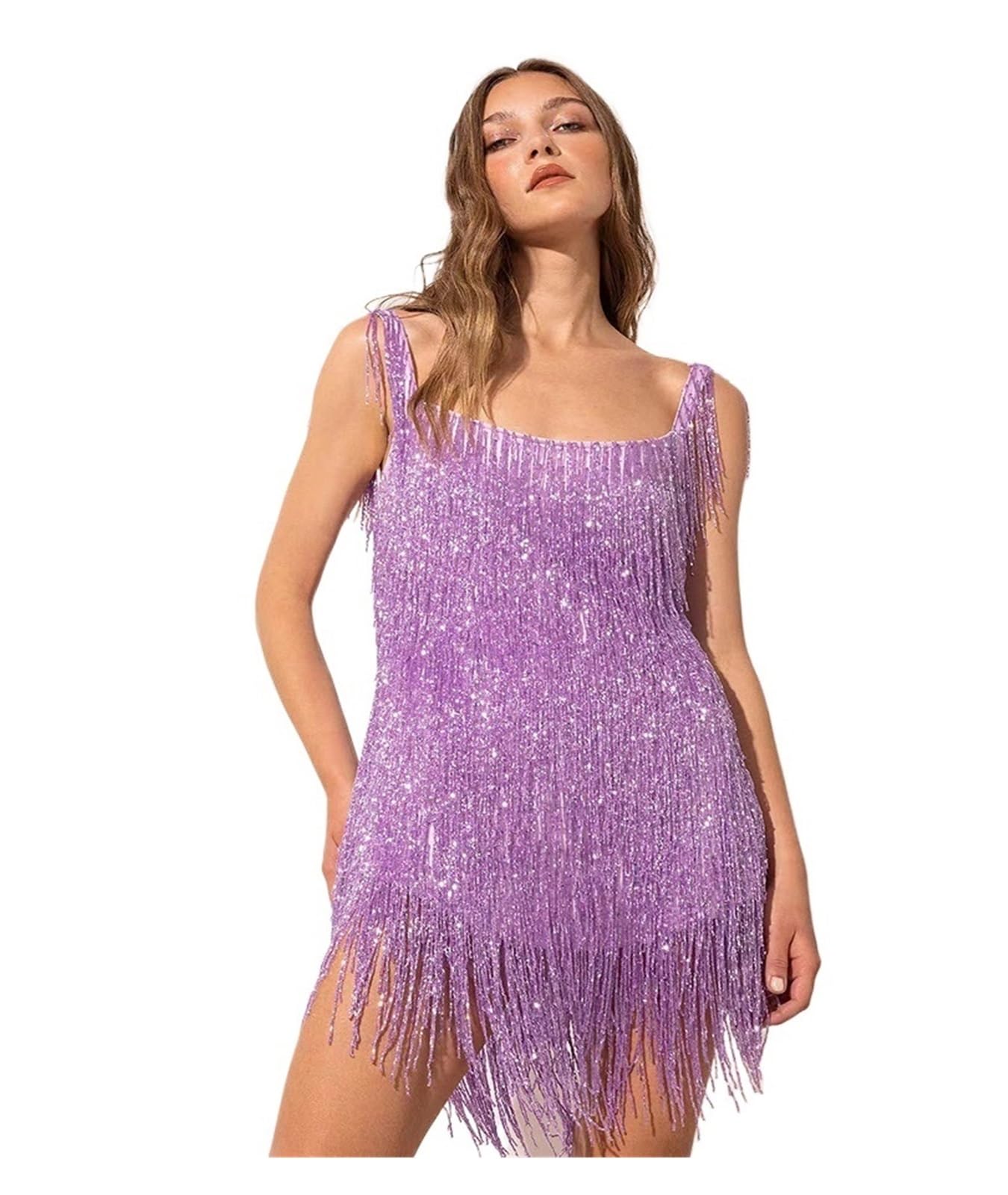 Vestido Flecos Vestido con borlas de lentejuelas, vestido con tirantes finos, vestido sin mangas con cuello cuadrado, vestido de noche Sexy sin espalda, vestido Midi sin mangas for mujer, vestido mora