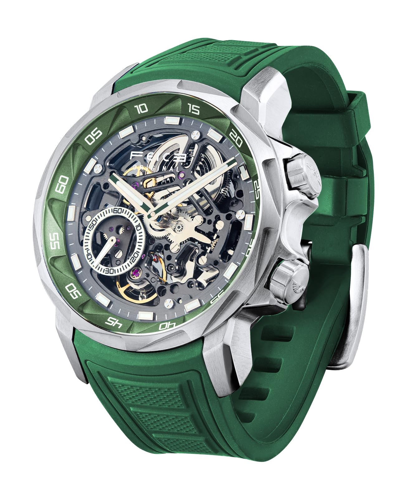 FEICE Orologio Automatico Uomo Orologio Scheletro Vetro Zaffiro con Cinturino Gomma Verde Acciaio Inossidabile Cassa 46mm FM511