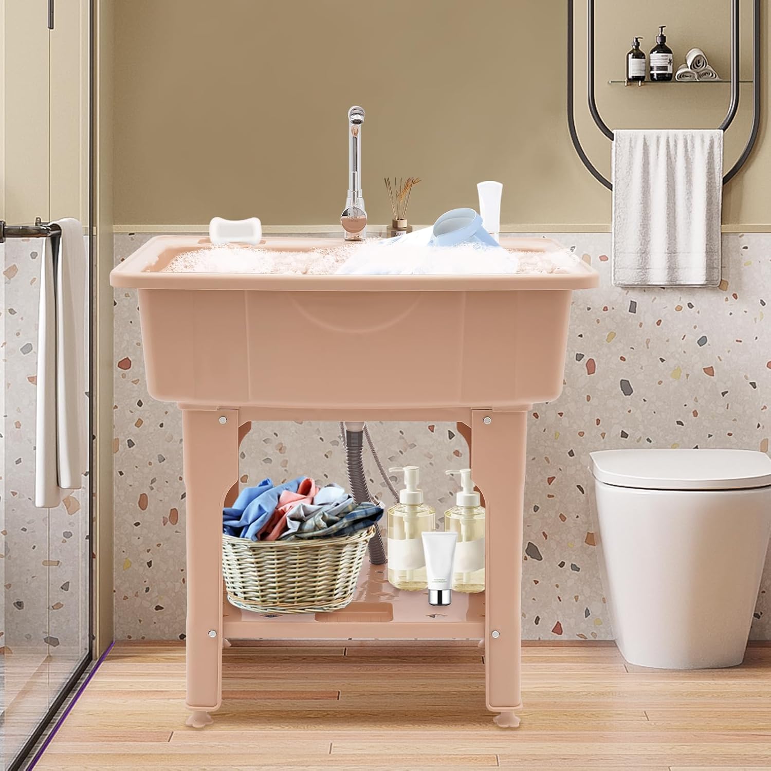 Laundry Sink Utility Sink Laundry Tub Utility Sink with Storage Shelf, Freestanding Sink with Faucet+Removable Drainboard, Garage Washing Station, Slop Sink for Laundry, Bathroom - Coffee