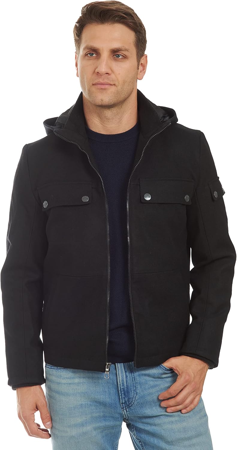 mens Wool Blend Zip Front Hooded Jacket