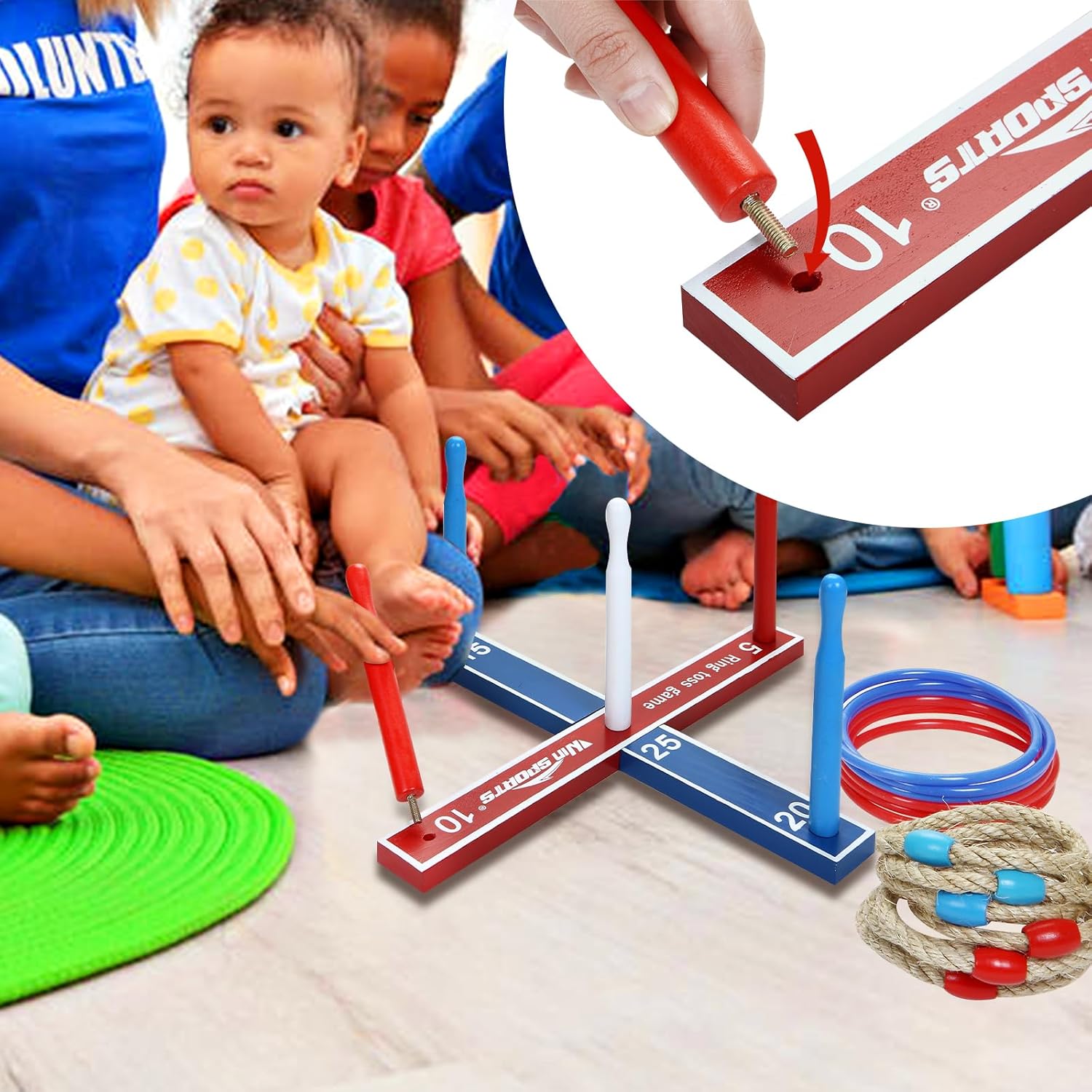 Win SPORTS Wooden Throwing Ring Toss Game Set,Fun Indoor Outdoor Carnival Games Set for Kids & Adults, Includes 16 Rings (8 Rope Rings, 8 Plastic Rings)