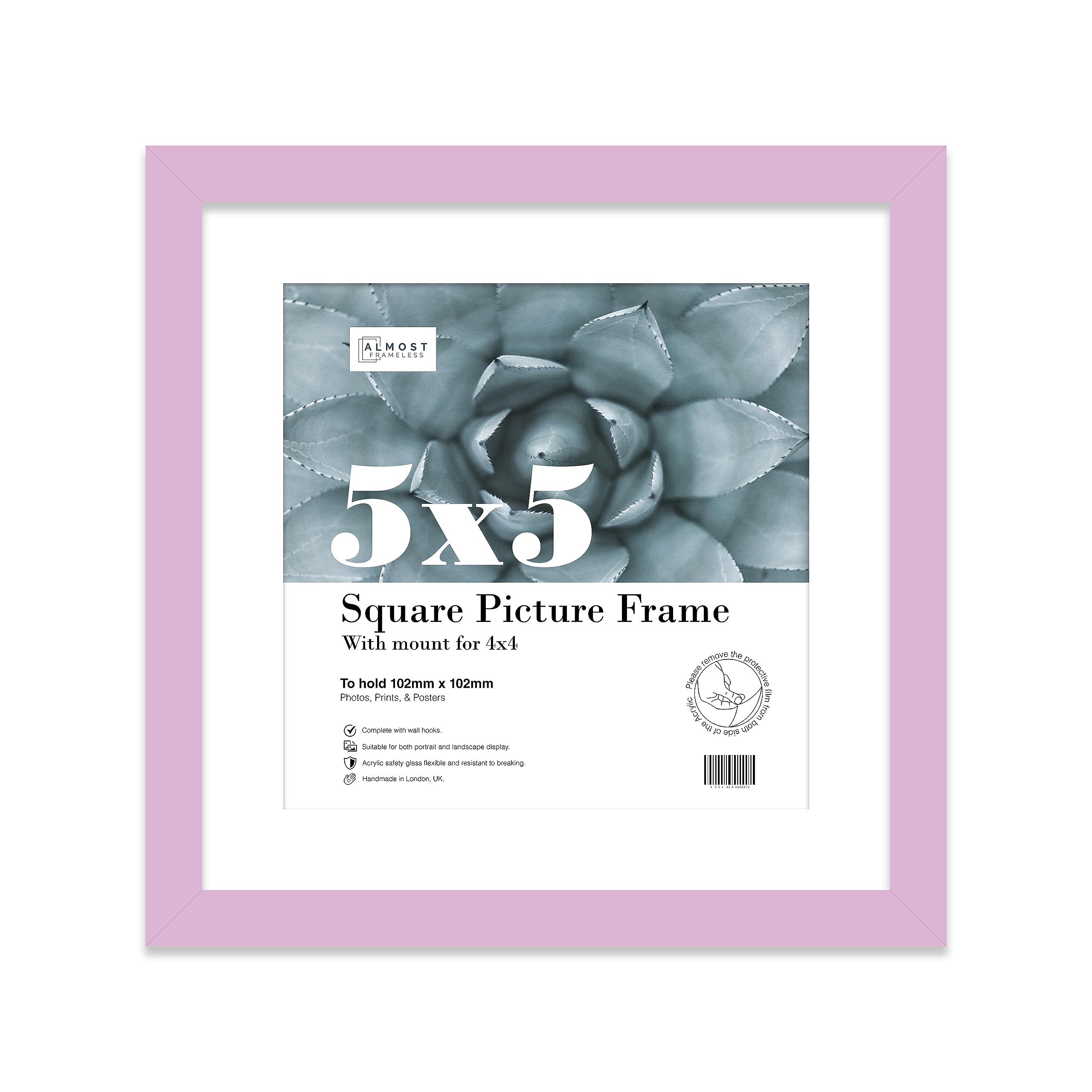 Almost Frameless 5x5 Picture Frame, Display Pictures 4x4 With Mat or 5x5 Without Mat, Wall Hanging & Free Standing Photo Frame, Lilac, 1 Pack