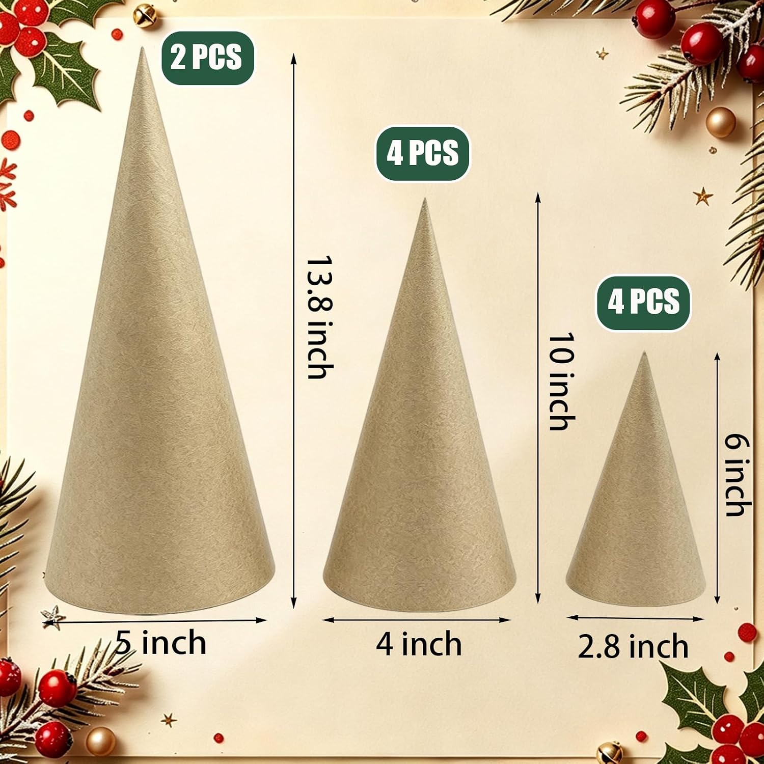 10 PCS Thick Paper Mache Cones Open Bottom 3 Sizes