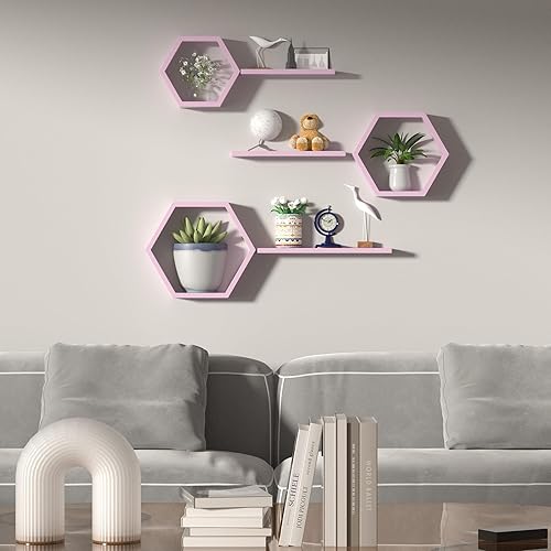 Miniatura 9 de Estantes flotantes hexagonales de madera montados en la pared juego de 6 estantes flotantes geométricos para decoración de pared estantes de pared