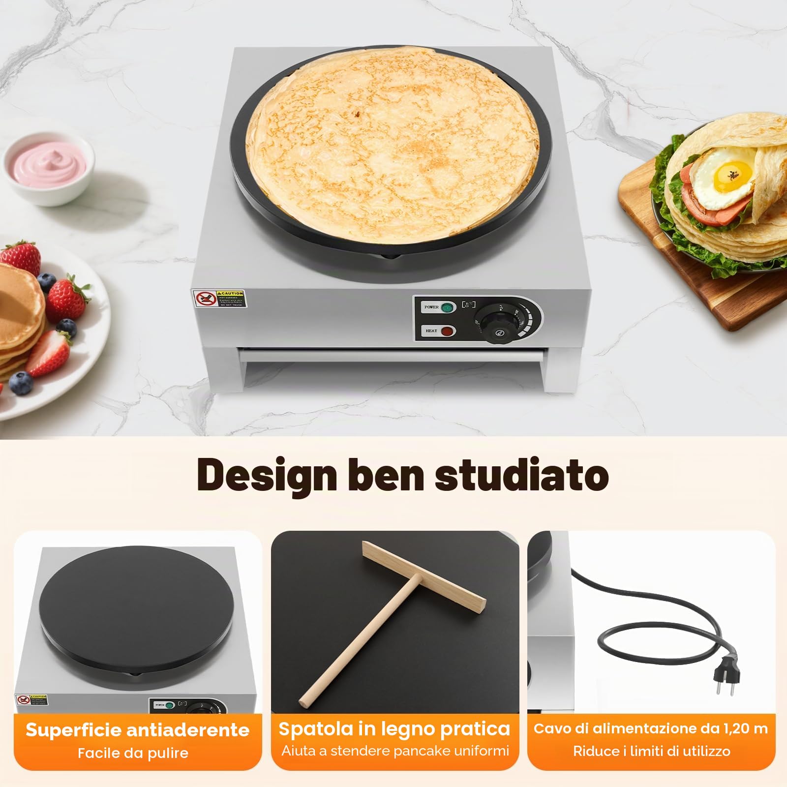 Crepe maker elettrico 40 cm 3 KW 50-300 °C vassoio estraibile termostato integrato