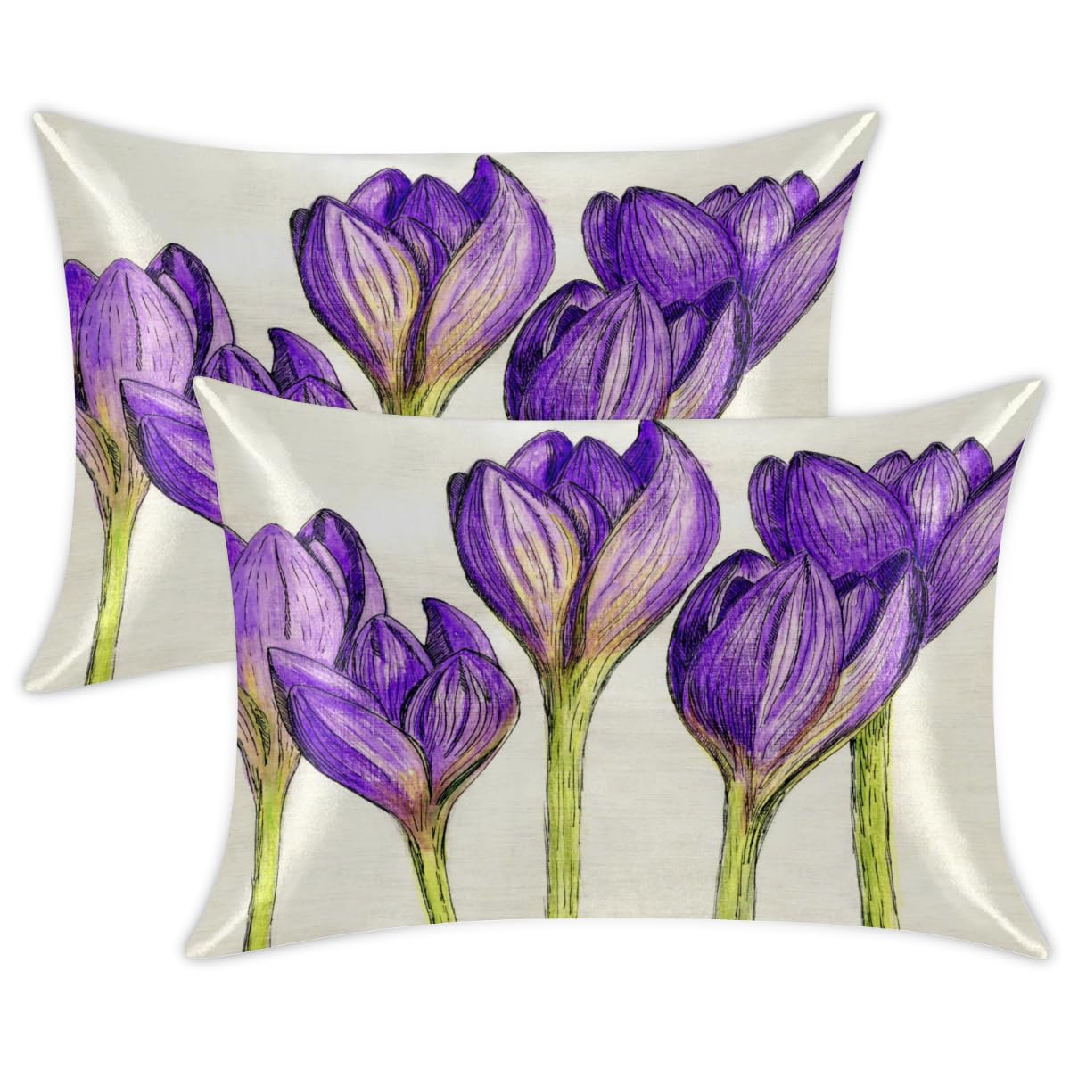 Fundas de almohada de satén con diseño de flor de azafrán para cabello y piel, paquete de 2 unidades, 50,8 x 76 cm, funda de almohada con cierre de cremallera, súper suave, resistente a las arrugas,