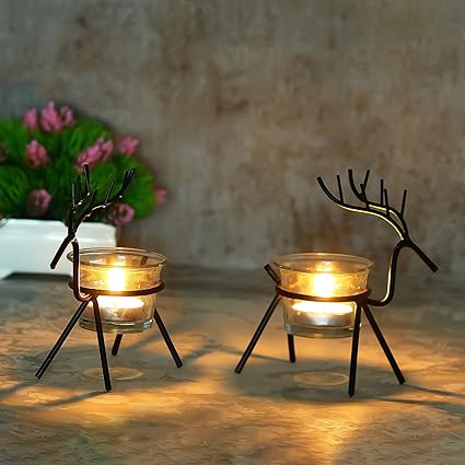Webelkart Iron Christmas Reindeer Tealight Candle Holder for Home and Dining Decor (Pack of 2)