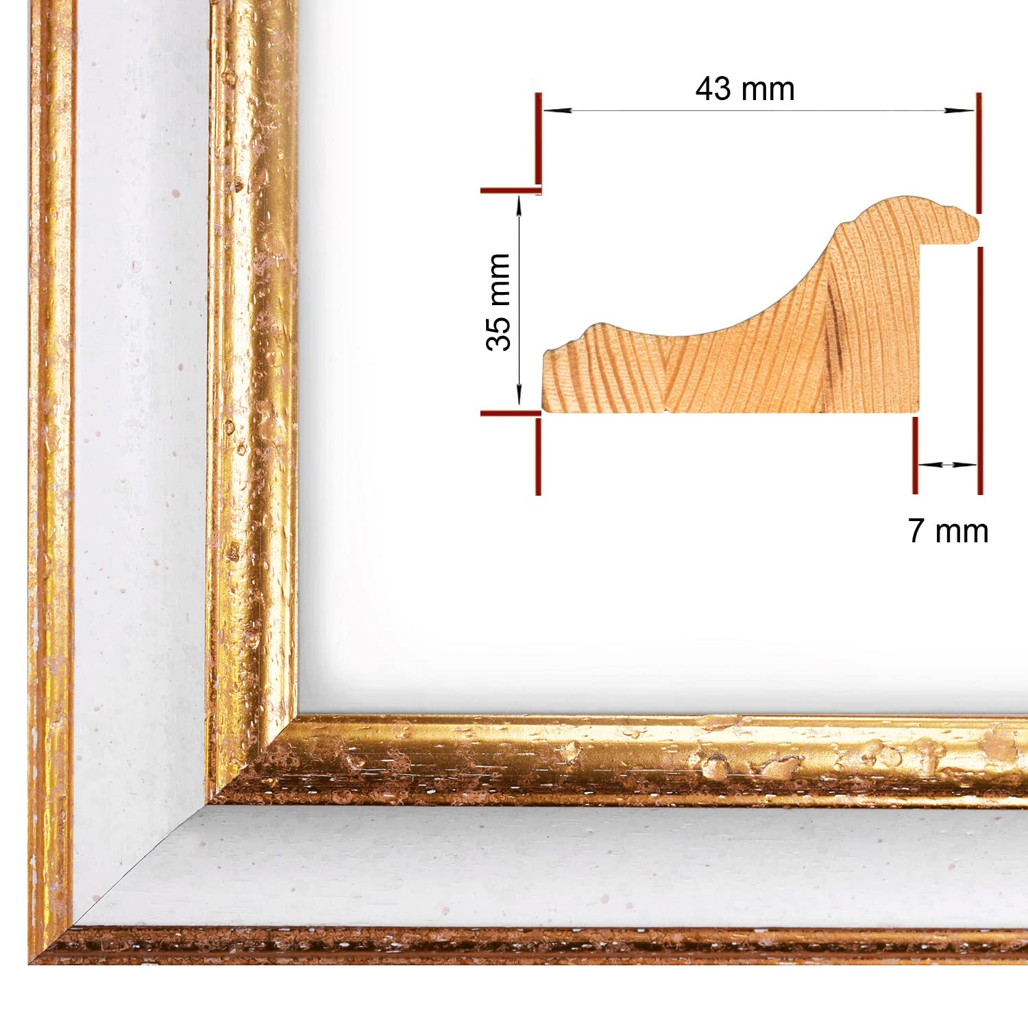 NiRa Massiv Holz Bilderrahmen 42 x 59,4 cm DIN A2 in Alt-Weiß Gold | Farbe und Größe wählbar | Rahmen für Poster | Puzzle | Foto collage HD108