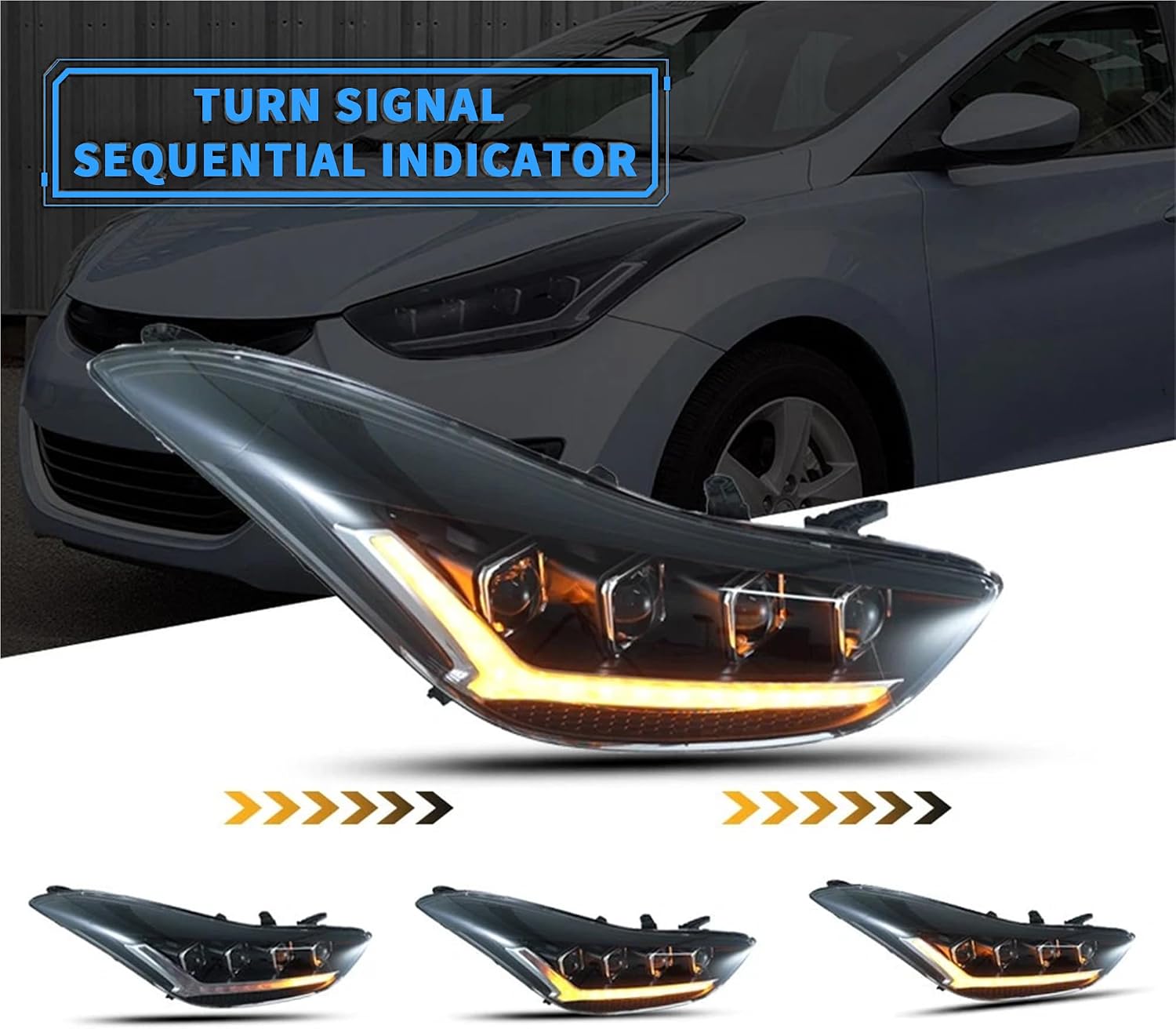 VLAND Led Headlight Assembly Compatible with Hyundai Elantra 2011-2015 Front Lamps w/Sequential Turn Signal w/Animation and Blue Breath Lighting