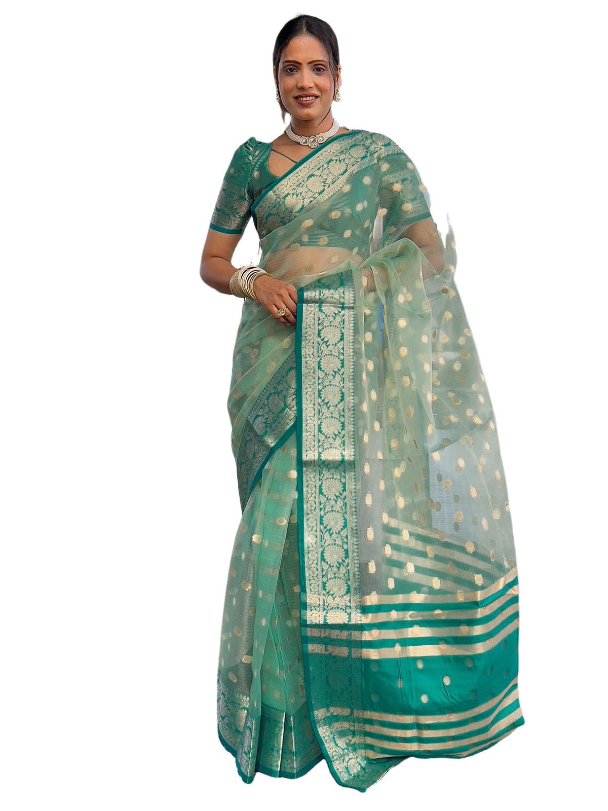 Satrani Women's Organza, Silk Blend Weaving Banarasi Saree With Unstitched Blouse Piece (4168S194N_Sea Green1)