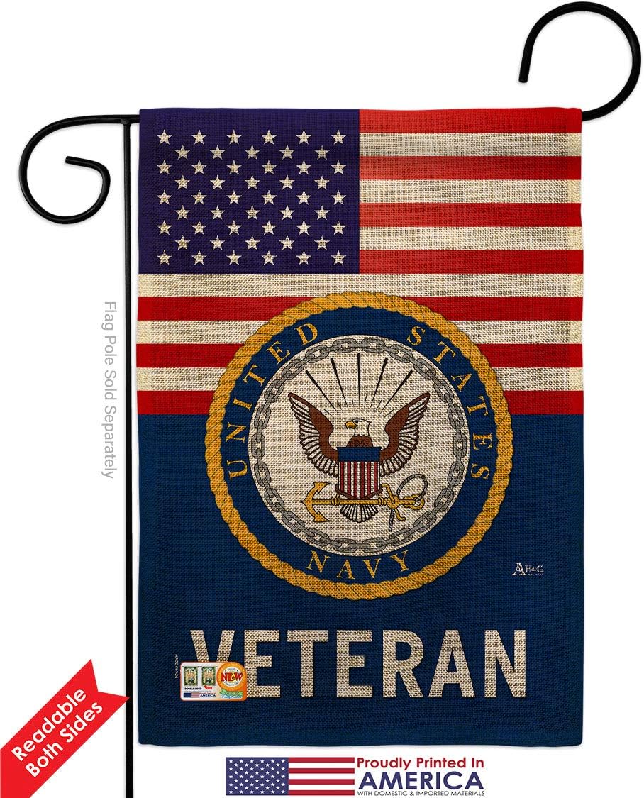US Navy Veteran Burlap Garden Flag Set with Stand Armed Forces USN Seabee United State American Military Retire Official Small Decorative Gift Yard House Banner Double-Sided Made In USA 13 X 18.5