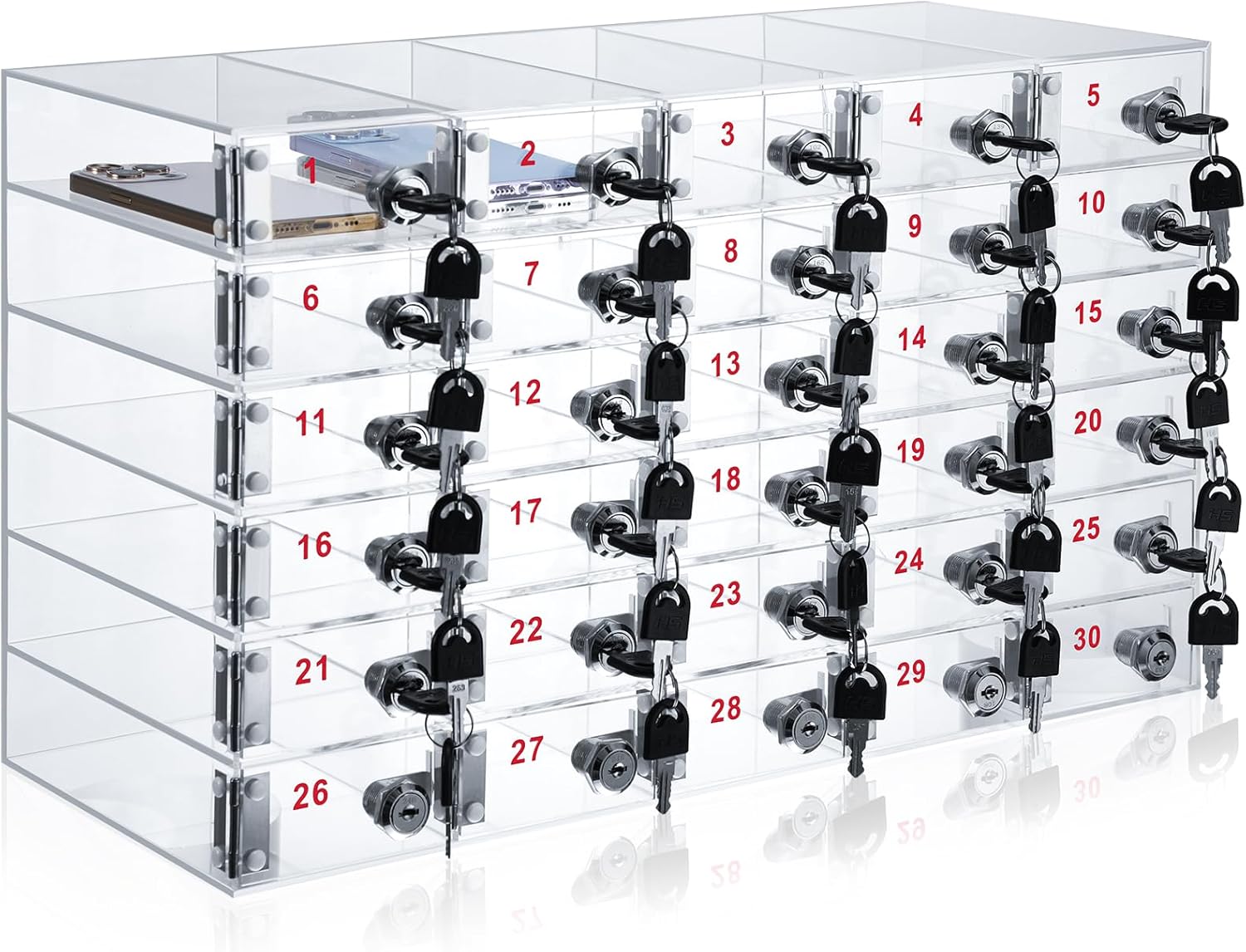 Layhit 20 Slots Cell Phone Locker Box for Classroom Clear Acrylic Cell Phone Storage Cabinet Bin with Door Locks for Classroom School Students Office Factory Employees