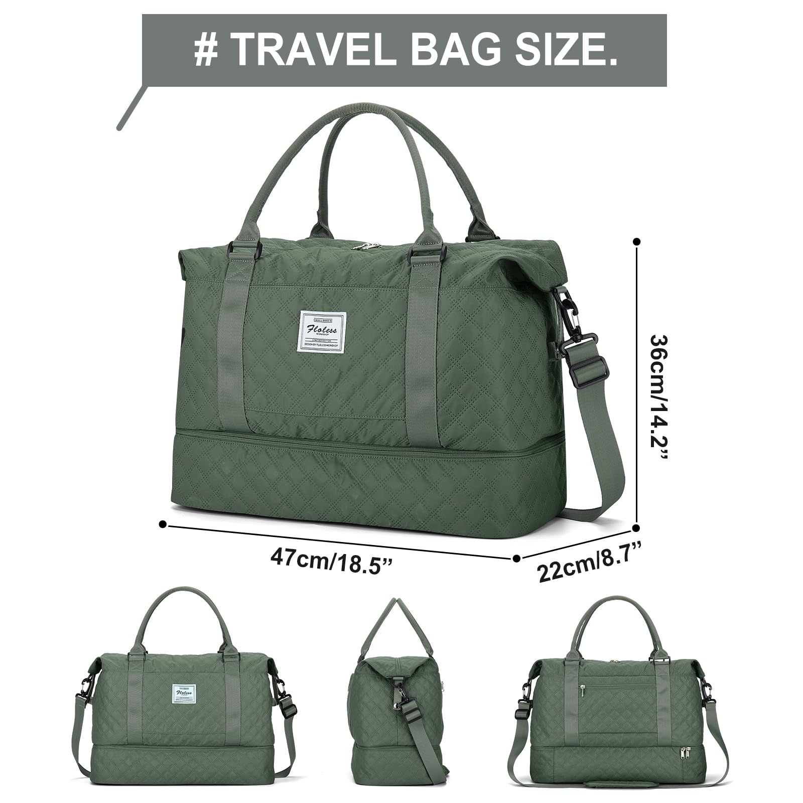 Borsone da Viaggio Donna, Bagaglio a Mano Borsa da Viaggio con Scomparto per le Scarpe, Borsa Sportiva Borsone da Palestra Grande, Borsa da Weekend, Borsa per Ospedale,H8-Verde militare