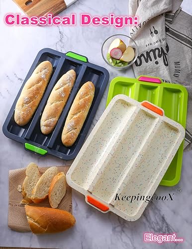 Miniatura 4 de Molde antiadherente de silicona para baguette, pan francés para hornear, 3 panes ondulados, cada pan, 11 x 2.3 pulgadas, molde para hornear,