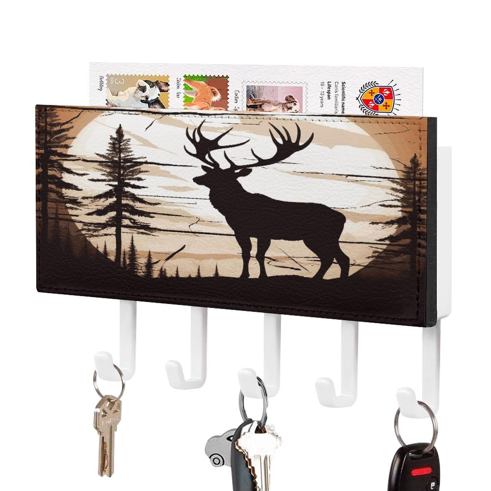Vstadank White-Style Wild Elk Silhouette Key Holder For Wall Mount With 5 Hooks Decorative Key And Mail Holder Farmhouse Wall Hooks With Shelf Pu Leather Key Rack With Mail Holders For Entryway Home