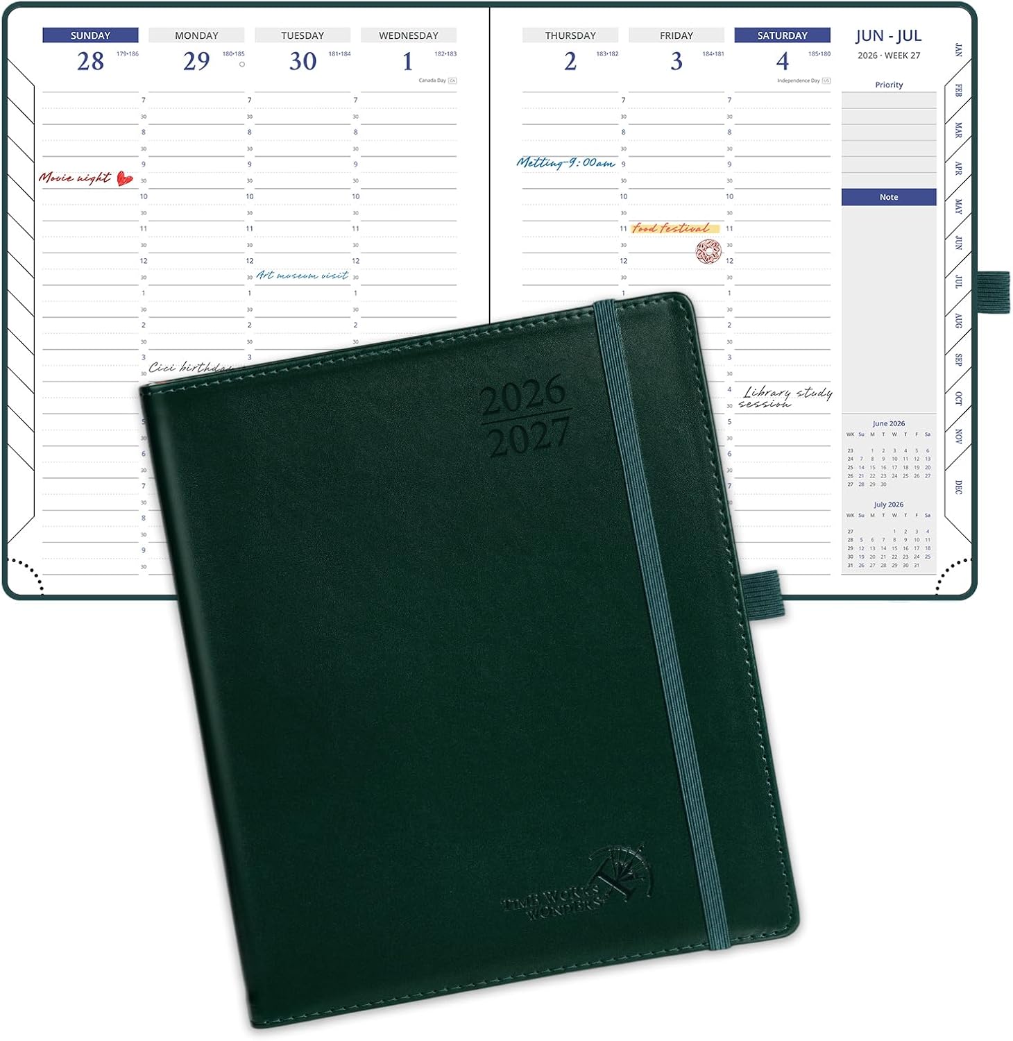 POPRUN Weekly Planner 2026-2027(Medium 7" x 8.5"), 30-Minute Hourly Appointment Book (July 2026-June 2027) with Monthly Tabs, Inner-pocket, Pen Holder, PU Leather Softcover - Dark Green