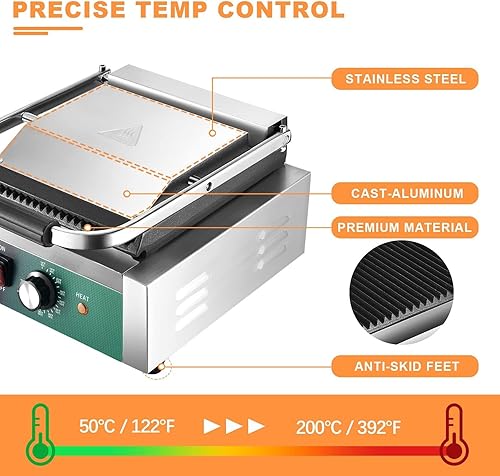 Miniatura 6 de Sandwichera comercial de prensa Panini, 2200 W antiadherente Panini Grill Machine Panini Maker con control de temperatura y platos ranurados