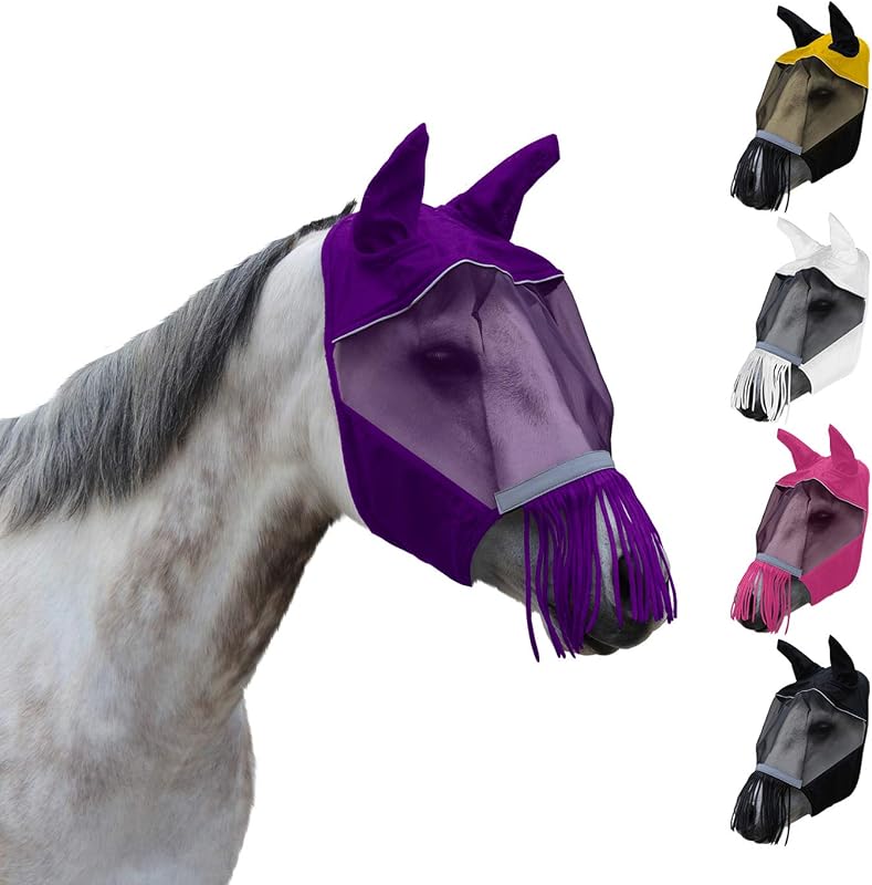 Máscara contra moscas para cavalos Derby Originals com proteção UV, orelhas e franja nasal, Roxa, X-Small