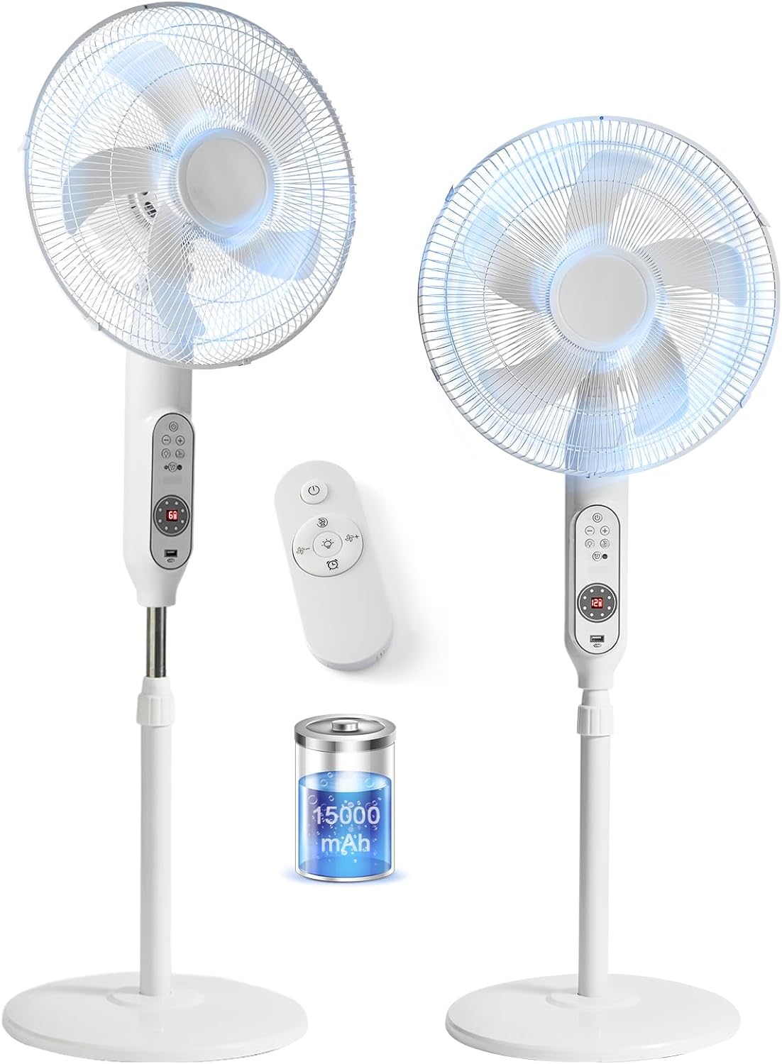 Rechargeable Floor Standing Fan - 16" Oscillating Pedestal Fan with Remote, 15000mAh Battery & Solar Powered, 12 Speed, 12H Timer, 45-52" Tall Adjustable for Indoor & Outdoor Home Patio Bedroom, White